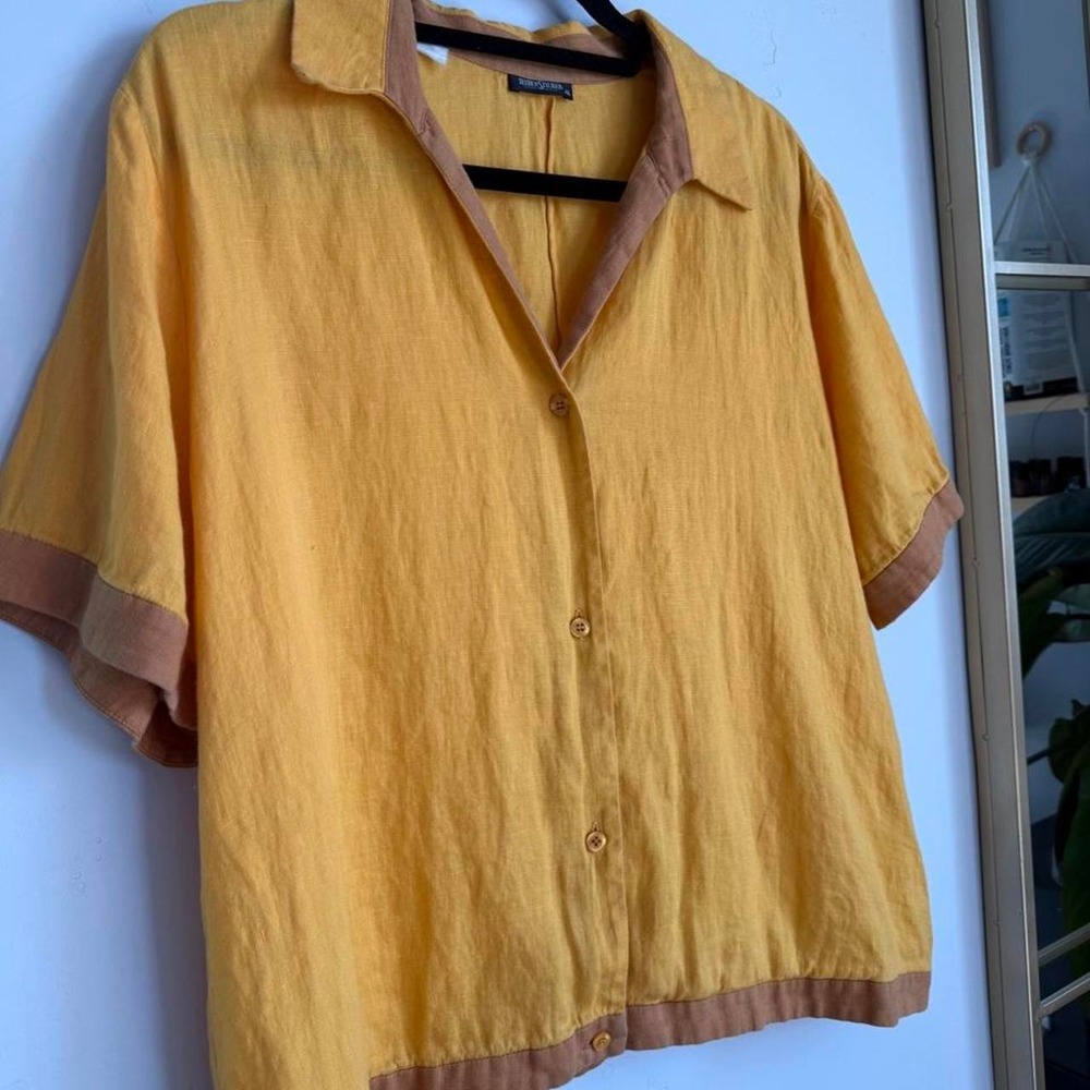 SeidenSticker 100% Linen Colorblock Button Up Top Mustard Yellow Brown Relaxed - Picture 1 of 7